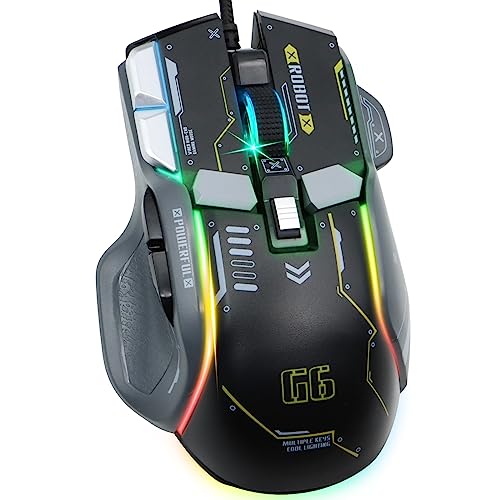 VEGCOO Wired Gaming Mouse, 12800 DPI Optical Gamer Mouse with 10 Programmable Buttons, Colorful RGB Lights, Ergonomic Design for Gaming and Working