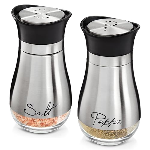 Stainless Steel Salt and Pepper Shaker Set with Glass Bottom, Perforated 'S' and 'P' Caps - Modern Kitchen Counter Decor (4oz)