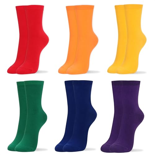 kikiya socks Women Crew Socks | 6 Pairs Rainbow Solid Patterned Colorful Red Orange Yellow Green Blue Pupple Pride Color Womens Ladies & Girls Daily Cotton Socks & Gift | Rainbow