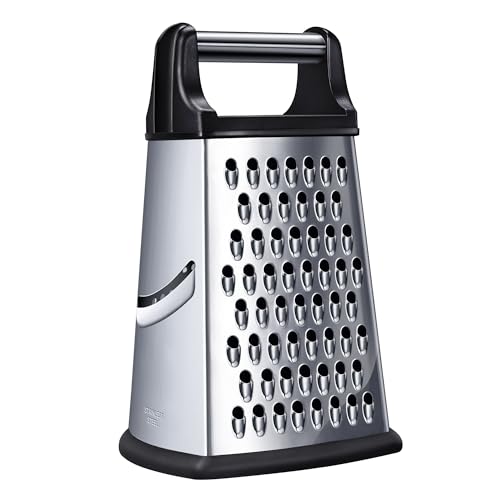 Kaishun Professional Cheese Grater, XL Size 4-Sided Stainless Steel Box Grater, Food Shredder for Cheese, Parmesan, Vegetable, Dishwasher Safe, Black