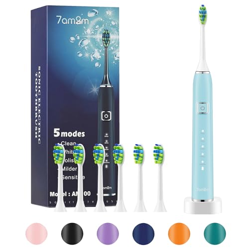 7AM2M Sonic Electric Toothbrush with 6 Brush Heads for Adults and Kids, One Charge for 90 Days,Wireless Fast Charge, 5 Modes with 2 Minutes Built in Smart Timer, Electric Toothbrushes(Light Blue)