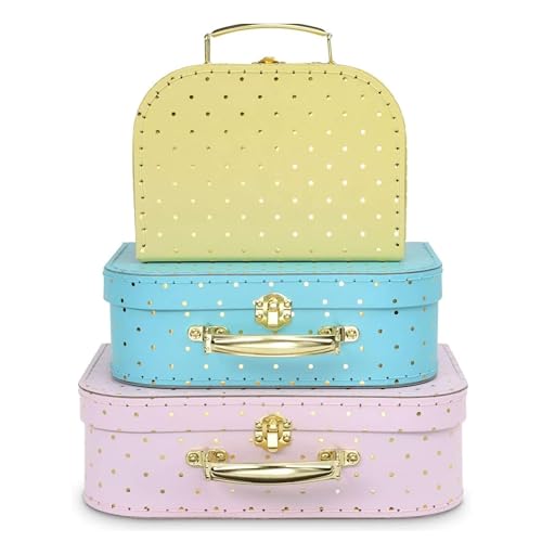 Jewelkeeper Paperboard Suitcases, Set of 3 Vintage Decorative Storage Box, Luggage Decor Storage, Vintage Decor for Birthday, Weddings, Christmas Decoration, Pink, Blue, Yellow with Gold Polka Dots