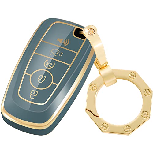 YHC for Ford Key Fob Cover Car Key Case Shell with Gold Keychain fit Ford Fusion F150 F250 F350 F450 F550 Edge Explorer Escape Mustang 2015-2022(Blue)