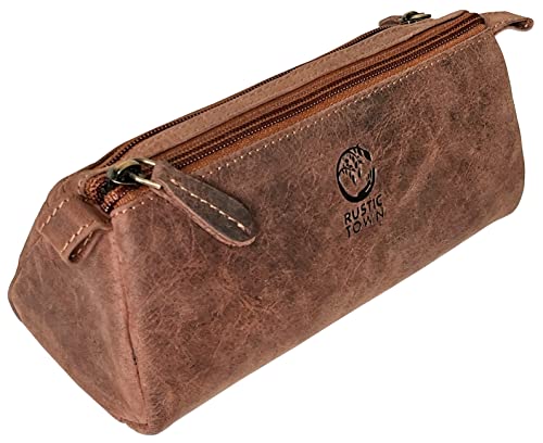 Rustic Town Leather Pencil Case - Full Grain Leather Zippered Pen Pouch - Stationery Bag Pen Holder for Work & Office, Brown, M, Bag Organiser