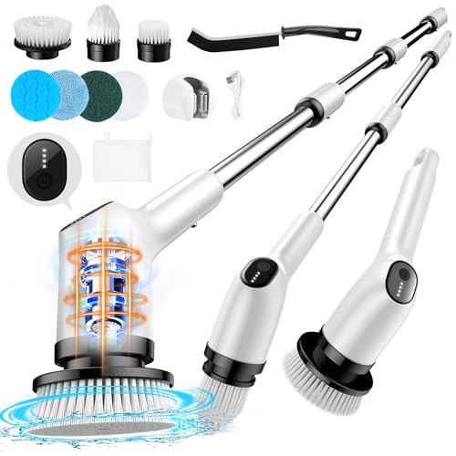 Electric Spin Scrubber, Shower Scrubber with 7 Replacement Scrubber Head, 53 inch Extension Arm, 1.5H Bathroom Scrubber Dual Speed, Electric Cleaning Brush for Bathroom Tub Grout Floor Car