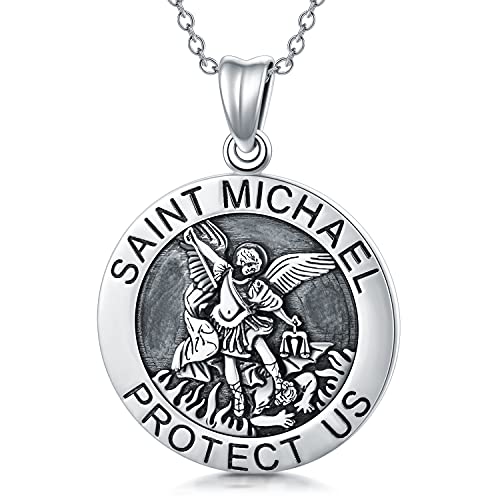 LONAGO Saint Michael Medal Necklace Sterling Silver Archangel St Michael Medallion Pendant Necklaces Gift for Men