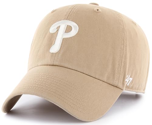'47 MLB Khaki White Primary Logo Clean Up Adjustable Strap Hat Cap, Adult One Size Fits All (Philadelphia Phillies)