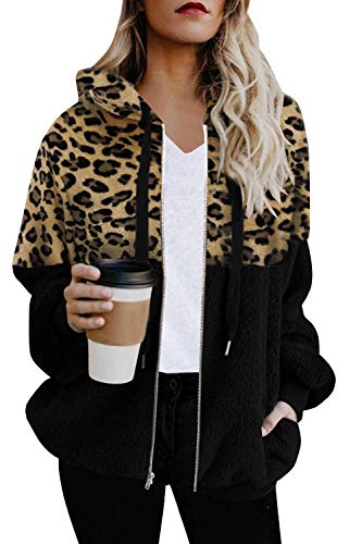SENSERISE Womens Leopard Print Sherpa Hoodie Oversized Patchwork Fleece Zipper Jacket with Pockets(01-Black,XL)