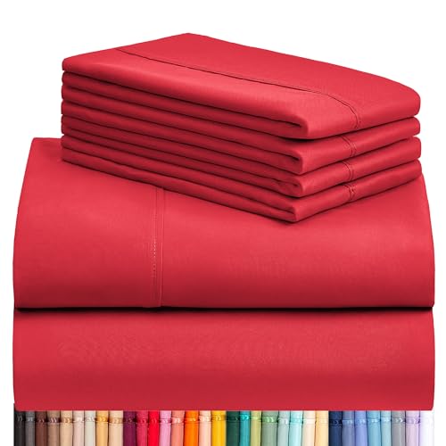LuxClub 6 PC Queen Sheet Set, Breathable Luxury Bed Sheets, Deep Pockets 18' Eco Friendly Wrinkle Free Cooling Sheets Machine Washable Hotel Bedding Silky Soft - Red Queen