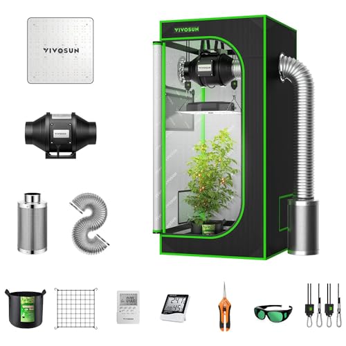VIVOSUN Grow Tent Complete System, 2 x 2 ft. Grow Tent Kit Complete with VS1000 Led Grow Light, 4 Inch 190CFM Inline Fan, Carbon Filter and 8ft Ducting Combo, 24' x 24' x 48'