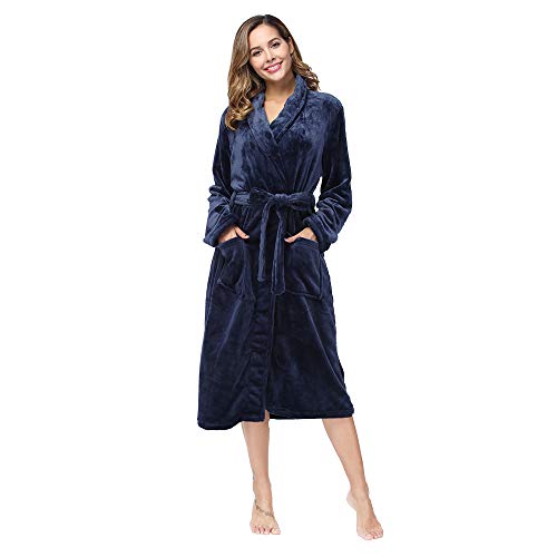 RONGTAI Womens Bathrobe Ladies Fleece Plush Warm Long Robes （X-Large,Navy Blue）