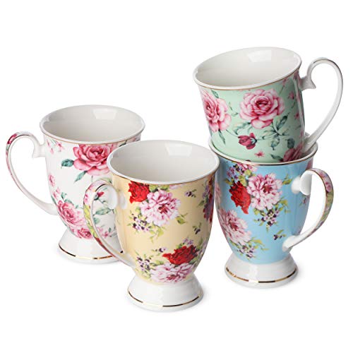 BTaT- Coffee Mugs, 12 oz, Set of 4, Floral Mugs, Porcelain Bone China, Tea Mug, Coffee Cups, Coffee Mug Set, Large Coffee Mugs, Coffee Cups Set, Mugs for Coffee, Tea Cups, Tea Mugs