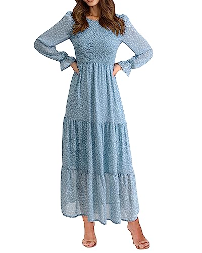 BTFBM Women Casual Long Sleeve Crew Neck Fall Dress Bohemian Relaxed Fit Floral Flowy Maxi Dresses Tiered Cocktail Dress(Floral Blue White,Small)