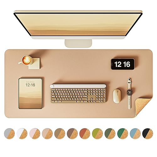 YSAGi Double-Sided Desk Pad, Leather Desk Mat, Eco Cork Desk Pad Protector, Large Mouse Pad for Desk, Waterproof Desk Blotter Pad, Writing Pad for Office/Home(23.6'x13.7',Apricot)