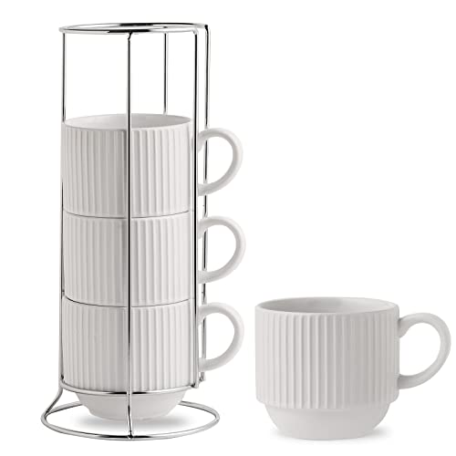 Hasense Ceramic Coffee Mugs Set of 4 with Rack - 15 oz Stackable Large Porcelain Ribbed Latte Cup Set for Cappuccino, Tea, Hot Cocoa, Drinks - Dishwasher & Microwave Safe, White