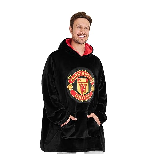 Manchester United F.C. Oversized Hoodie Blanket, Warm & Comfy Blanket Hoodies for Men, Soft Fleece Football Blanket Hoodie with Signature Manchester United Logo, Black