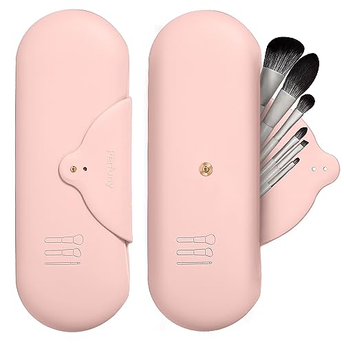 Perfuny Travel Makeup Brush Organizer Makeup Brushes Holder Silicone Makeup Bag Brush Pouch Cosmetic Bag Brushes Case Travel Essential with Brush Cleaner Inside for travel (Pink 1pc)
