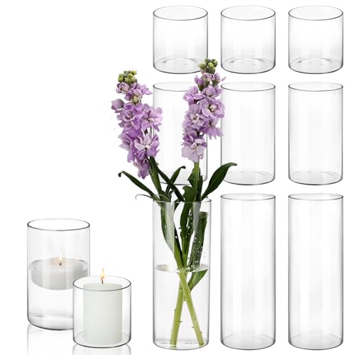 CUCUMI 9 Pack Glass Cylinder Vase 4, 8,12 Inch Tall Clear Vases for Wedding Centerpieces Hurricane Candle Holder Flower Glass Vases for Party Event Home Office Decor