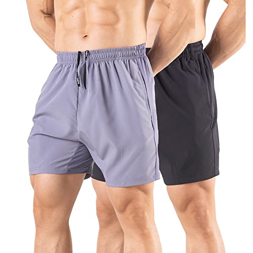 Gaglg Men's 5' Running Shorts 2 Pack Quick Dry Athletic Workout Gym Shorts with Zipper Pockets Black/Gray,Medium