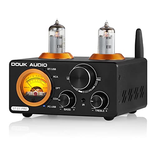 Douk Audio ST-01 PRO 200W Bluetooth Amplifier, 2 Channel Vacuum Tube Power Amp with USB DAC/Coaxial Optical Inputs/VU Meter/Treble Bass Control for Home Theater/Stereo Speakers (Upgrade Version)