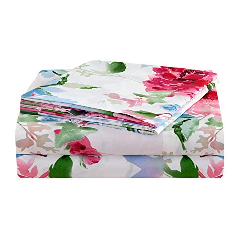 JSD Floral Print Sheet Set Queen, 4 Piece Brushed Microfiber Hotel Quality Bedding Sheets 15' Extra Deep Pocket, Soft Durable Wrinkle Free