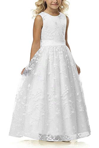 A line Wedding Pageant Lace Flower Girl Dress with Belt 2-12 Year Old (Size 8, White)