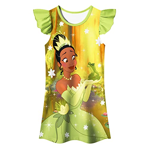 QUANWPS Toddler Girls Princess Gown Dress Frog Cartoon Printed Home Casual Wear Birthday Gift for Kids 2-8 Years A-Green