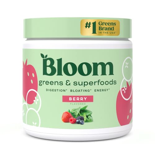 Bloom Nutrition Greens and Superfoods Powder for Digestive Health, Greens Powder with Digestive Enzymes, Probiotics, Spirulina, Chlorella for Bloating and Gut Support, Amazon Exclusive, 30 SVG, Berry