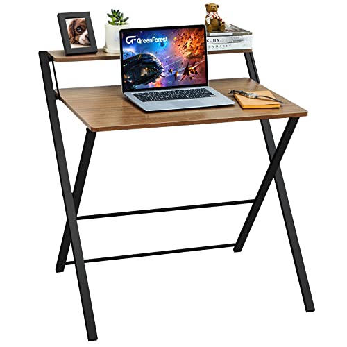 GreenForest Small Folding Desk No Assembly Required, Fully Unfold 27.3 x 22 inch 2-Tier Computer Desk with Shelf Space Saving Foldable Table for Small Spaces, Espresso