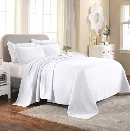 Superior Basket Weave Bedspread with Pillow Shams, Full, White