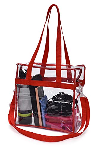 Handy Laundry Clear Tote Bag Stadium Approved - Shoulder Straps and Zippered Top. Perfect Clear Bag for Work, School, Sports Games and Concerts. Meets Stadium Tournament Guidelines. (Red)