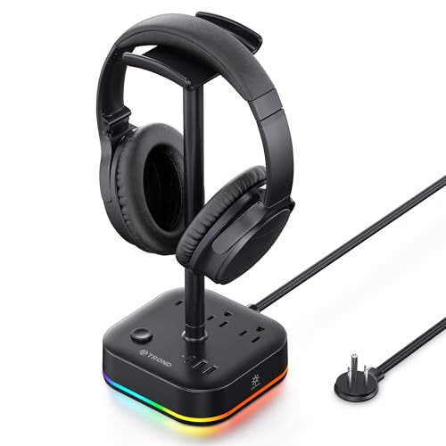 TROND Headphone Stand with USB C, Desk Gaming Headset Holder with 3 AC Outlets, 2 USB A and 1 USB C, Headset Stand with 5 RGB Light Modes, for Gaming Desk Accessories Gamer Boyfriend Gifts