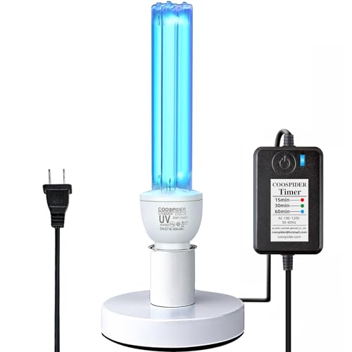 COOSPIDER UV Germicidal Lamp with Ozone 25W UVC Light Bulb with Base and 3-Gear Timer 185nm Wavelength UV Light Sanitizer for Bedroom/Closet/Kitchen/Bathroom E26 110V CTUV-25 (with Ozone)