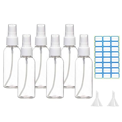 VIGOR PATH Mini Travel Spray Bottles, 2oz/50ml Clear Empty Plastic Containers with Fine Mist Sprayer, Set of 6 with Labels Included