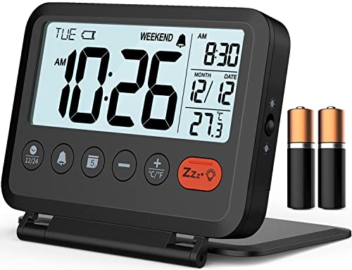 MeesMeek Digital Travel Alarm Clock, Black, 3.54 inch LCD Display, 9-Minute Snooze, 2 Volume Levels, Backlight, Battery Included