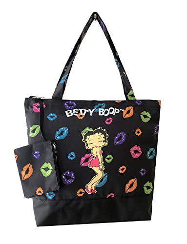 LuxeBag Betty Boop Canvas Large Shopping Bag with Coin Purse (Black: Colorful Lips)