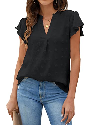 Blooming Jelly Womens White Blouse V Neck Ruffle Sleeve Flowy Shirts Dressy Casual Cute Summer Tops(Large, Black)