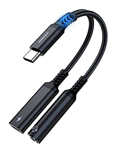 ZOOAUX USB C to 3.5mm Headphone and Charger Adapter,2 in 1 USB C to Aux Audio Jack with PD 60W Fast Charging Dongle Cable Cord for Galaxy S23/S22/S21/S20 Ultra, iPad Pro,Pixel(Black)