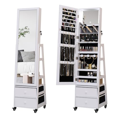 MASMIRE Full Length Mirror with Jewelry Storage,360 Swivel Jewelry Cabinet with Lights Touch Screen Vanity Mirror Standing Rotatable Jewelry Armoire Organizer with Lock, Idea Gifts (White)