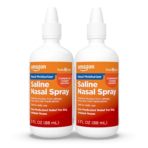 Amazon Basic Care Premium Saline Nasal Moisturizing Spray, Instantly Soothing Nasal Mist Nose Spray, Non-Medicated Relief, 3 fl oz (Pack of 2)