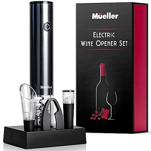 Mueller Electric Wine Opener Set - Rechargeable Batteries and USB Charging Cable - Electric Corkscrew Opener with Foil Cutter, Wine Pourer, Vacuum Stopper (Batteries Included), Valentines Day Gifts