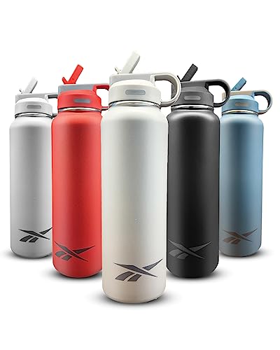 Reebok Stainless Steel Water Bottle With Straw & Athletic Design - Insulated Water Bottles 32 oz - Double Wall Vacuum Insulated Sports Water Bottle With Straw, BPA Free (White)