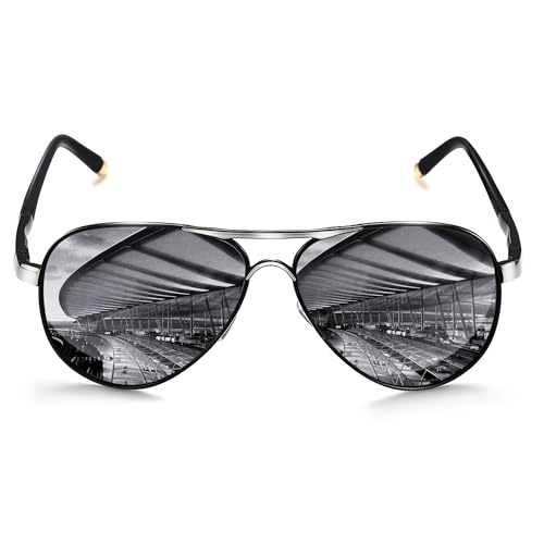 ROCKNIGHT Aviator Sunglasses for Men Women Polarized UV Protection Metal Frame Flat Top Silver Mirror Sunglasses Lightweight