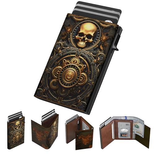 typecase Mens Wallet Card Holder: Pop Up Aluminum Case, Carbon Fiber Leather, Smart, RFID Blocking, Slim, Minimalist, Front Pocket - 9-14 Card Capacity | ID Window | Cash Slot (Skull)