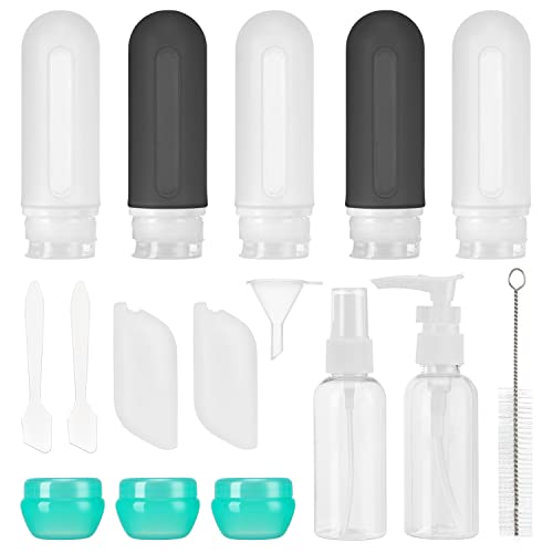 Beveetio 17 Pack Travel Bottles TSA Approved, 3OZ Leakproof Silicone Refillable Travel Size Containers for Toiletries, BPA Free Travel Accessories Tubes Cosmetic Shampoo Lotion Soap (Black & White)