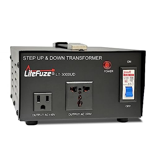 LiteFuze 3000 Watt Voltage Converter Transformer Step Up/Down - 110v to 220v / 220v to 110v Power Converter - Fully USA Grounded Cord - Universal Outlet Socket, 2x US Outlets - CE Certified