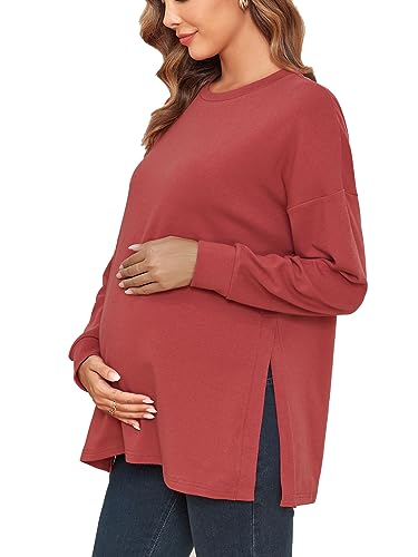 Glampunch Women’s Maternity Shirts Long Sleeve Loose Fit Pregnancy Tops Split Side Casual Maternity Clothes