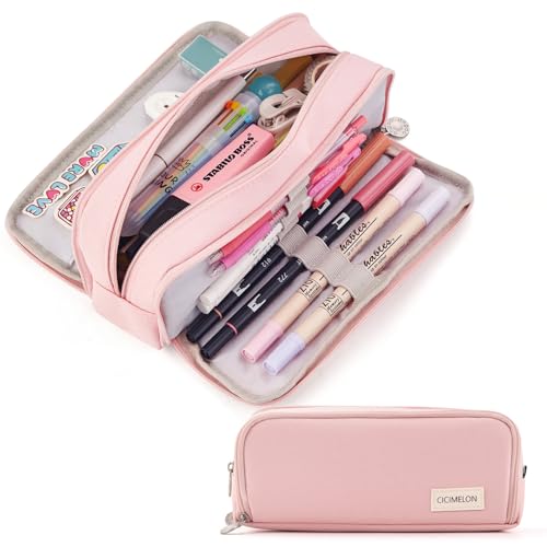 CICIMELON Large Capacity Pencil Case 3 Compartment Pouch Pen Bag for School Teen Girl Boy Men Women (Pink)