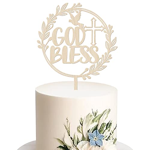 1 Pack God Bless Cake Topper Glitter Dove Cross Christening Wooden First Communion Cake Pick Religious Baptism God Bless Cake Decorations for Religious Theme Party Baby Shower Birthday Party Supplies