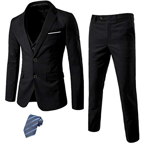MYS Men's 3 Piece Slim Fit Suit Set, 2 Button Blazer Jacket Vest Pants with Tie, Solid Wedding Dress Tux and Trousers Black